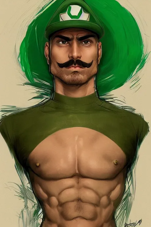 Image similar to gigachad luigi wearing a green jumpsuit by ilya kuvshinov, bodybuilder ernest khalimov, super mario bros symmetrical face concept art, hyper realistic, intricate, elegent, highly detailed, digital painting, concept art, smooth, sharp, focus, illustration, art by artgerm and greg rutkowski and alphonse mucha, artstation