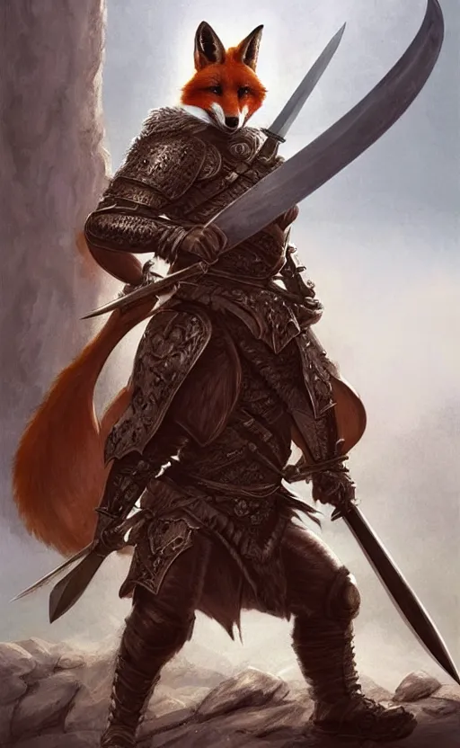 Prompt: d & d fantasy stocky fox warrior wearing leather armour, holding a scimitar and war pick, in a fantasy landscape, intricate, elegant, highly detailed, digital painting, artstation, concept art, matte, sharp focus, illustration, art by artgerm and greg rutkowski