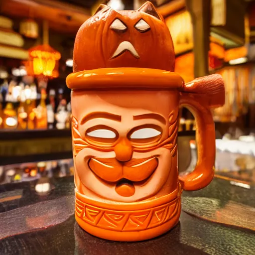 Image similar to a closeup photorealistic photograph of an orange cat garfield style tiki mug at a trader vic's bar with garfield's face on the front. tiki party. bright scene. fine detail. this 4 k hd image is trending on artstation, featured on behance, well - rendered, extra crisp, features intricate detail, epic composition and the style of unreal engine.