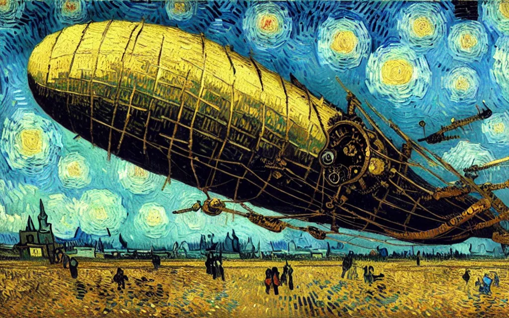 Image similar to detailed expressionist oil painting by van gogh of a steampunk airship rising off of the ground, antique airship with ornate design, landscape painting, expressionism, 8 k resolution, smooth, sharp focus, matte painting