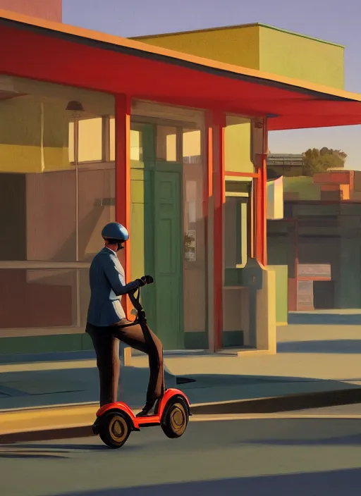 Image similar to A man rolling into the sunset on an electric scooter in a small town setting by Edward Hopper and James Gilleard, 8k, octane render, ultra sharp, detailed digital art