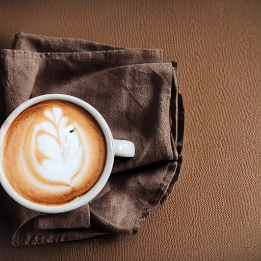 Image similar to photo of a steaming cup of cappuccino on a low table, croissant on a plate, empty hotel lobby, coffee spoon on a napkin, liminal, diffuse light, hdr, dslr