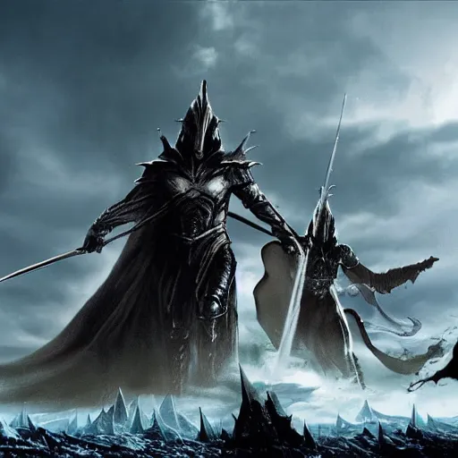 Image similar to A promotional image from the new Simarillion movie by New Line Cinema, Morgoth is towering over Fingolfin at the battle of Angband, 4k, Cinematic, highly detailed special effects