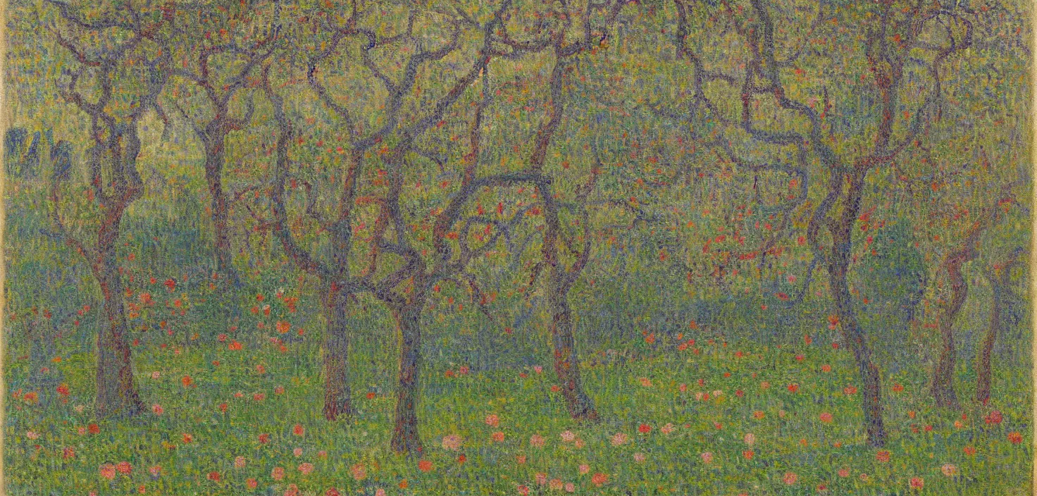 Prompt: epic highly detailed landscape painting of Huge flowers growing on tree trunks and holes in buildings, Gustave Loiseau