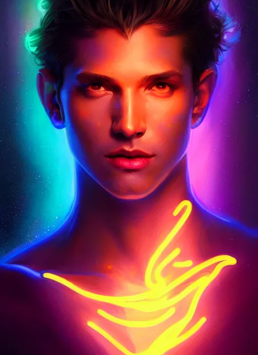 Prompt: a male faceless glowing liquefied stardust adventurer, dnd fantasy character, full body portrait, glowing neon skin, magical aura, ultra realistic, intricate, elegant, highly detailed, digital painting, artstation, smooth, sharp, focus, illustration, art by artgerm and greg rutkowski and alphonse mucha