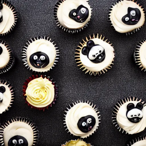 Prompt: beautiful cupcakes in the style of pandas, food photography, centered, bokeh, studio lighting