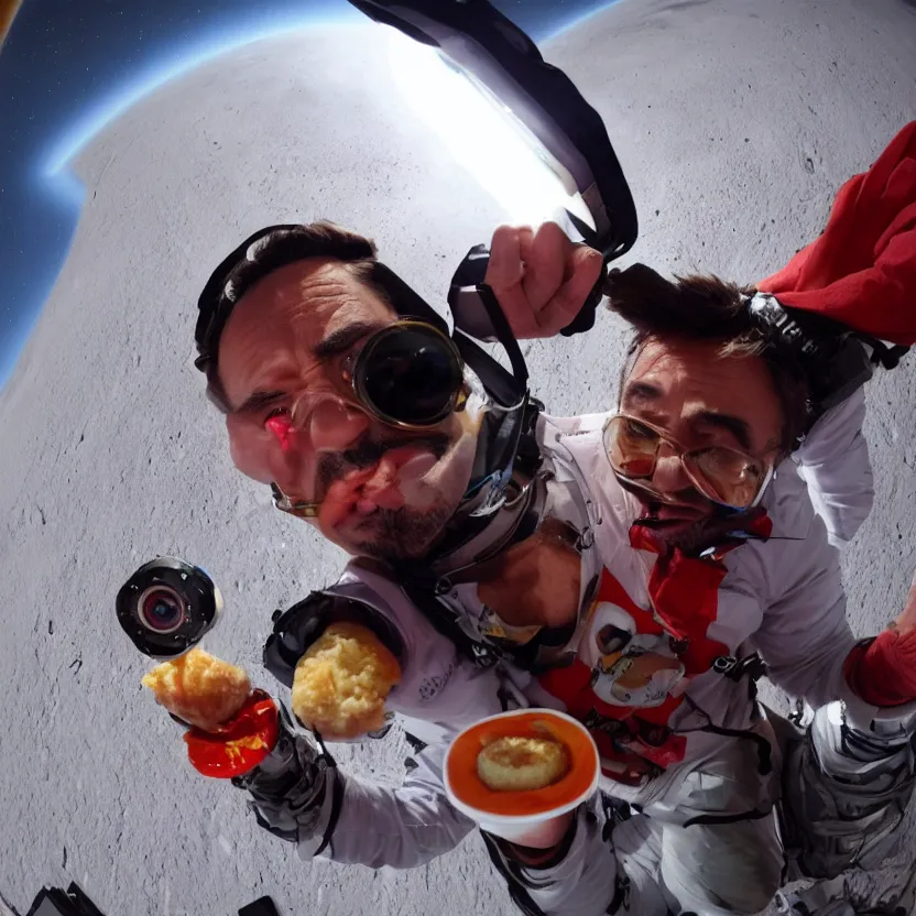 Image similar to robert downey jr eating a hot dog on the moon, dynamic lighting, gopro selfie with a fisheye lens