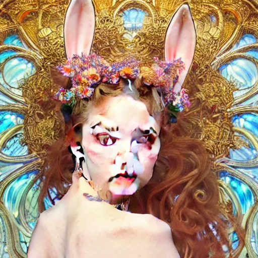 Image similar to a masterpiece ultrarealistic ultradetailed portrait of beautiful girl in bunny costume sprinkling champagne baroque renaissance. medium shot, intricate, elegant, by stanley artgerm lau, wlop, alphonse mucha, rossdraws, andrei riabovitchev, yoshitaka amano. flower background my james jeand and takashi murakami.