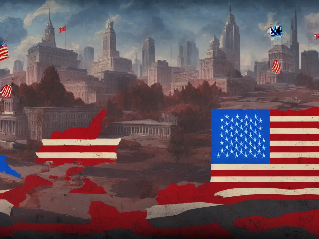 Prompt: landscape matte painting of a communist american state capital showing the triumph of communism in america, socialist american state flags, socialist statues, digital painting, modern city scape, conflict, camaraderie, sacrifice, hope, highly detailed, 4 k, artstation, photorealistic, architecture