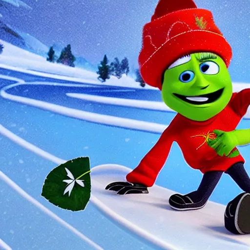 Image similar to cannabis leaf character snow boarding photo taken by pixar