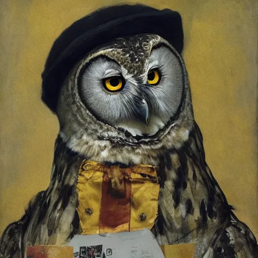 Prompt: shredded physique feathered round neck beak Portrait of Henry James camouflaged as Owl whilst wearing a yellow tuxedo Standing atop a Garbage Truck Greg Rutkowski Vik Muniz clarence holbrook carter Andrew Wyeth Dan Witz