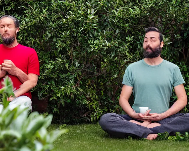 Prompt: mr robert is drinking fresh tea, smoke pot and meditate in a garden from spiral mug, detailed glad face, power arms, golden hour closeup photo, red elegant shirt, eyes wide open, ymmm and that smell