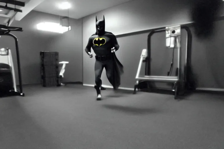 Image similar to batman on a treadmill caught on trail cam