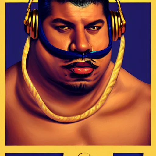 Image similar to portrait of lucha libre dj, muscular, headphones, thick golden ring around the neck, fantasy, intricate, elegant, highly detailed, digital painting, artstation, concept art, smooth, sharp focus, illustration, art by tom of finland and artgerm and greg rutkowski and alphonse mucha