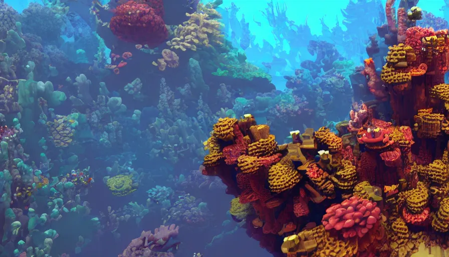 Image similar to voxel art steampunk coral reef, octane render, high detail, trending on artstation, high quality wallpaper