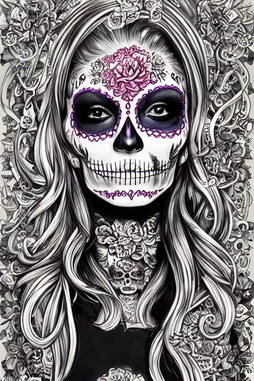 Image similar to illustration of a sugar skull day of the dead girl, art by hajime sorayama