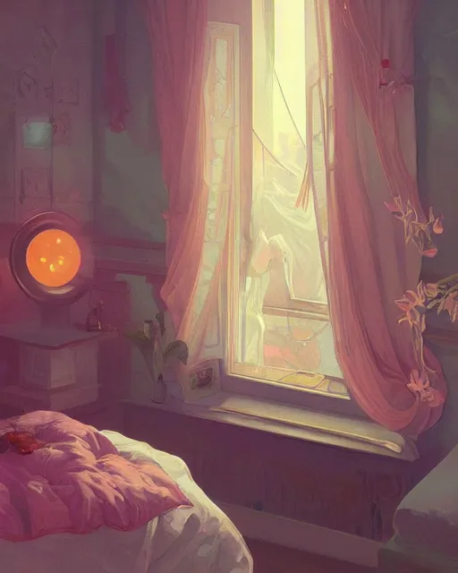 Image similar to emily rajtkowski, vaporwave, bedroom, highly detailed, digital painting, artstation, concept art, smooth, sharp focus, illustration, art by artgerm and greg rutkowski and alphonse mucha