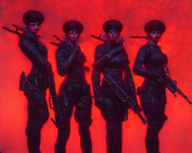 Image similar to three soldiers with beautiful faces, wearing psychedelic wicca, in uniform dresses, red neon weapons, full body, dark and mysterious, atmospheric, ominous, eerie, cinematic light, epic, 8 k 3 d, ultra detail, ultra realistic, by wlop, by mucha, by giger