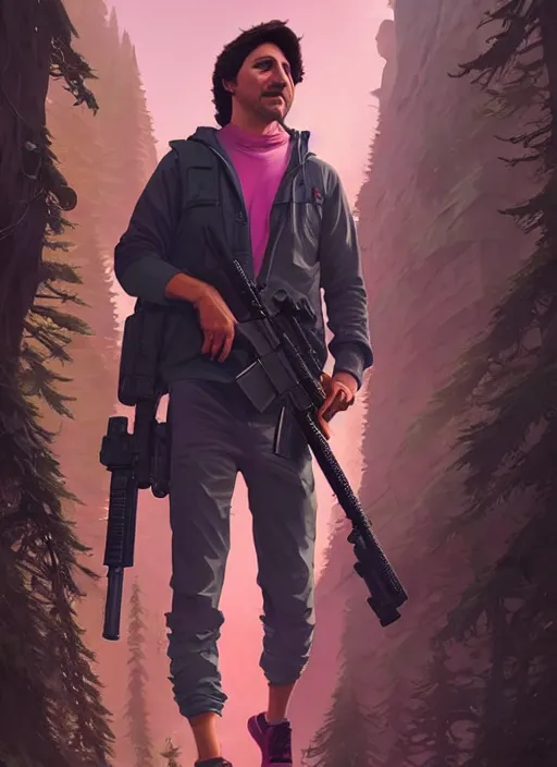 Prompt: highly detailed portrait justin trudeau in ( ( pink hoody rainbow socks ) ) holding ar - 1 5! in gta v stephen bliss unreal engine fantasy art by greg rutkowski loish rhads ferdinand knab makoto shinkai lois van baarle ilya kuvshinov rossdraws tom bagshaw global illumination radiant light detailed intricate environment