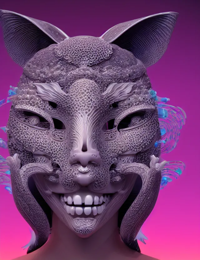 Image similar to 3 d goddess close - up frontal portrait with cat skull. beautiful intricately detailed japanese crow kitsune mask and clasical japanese kimono. betta fish, jellyfish phoenix, bio luminescent, translucent, plasma, ice, water, wind, creature, artwork by tooth wu and wlop and beeple. vray. behance. 8 k