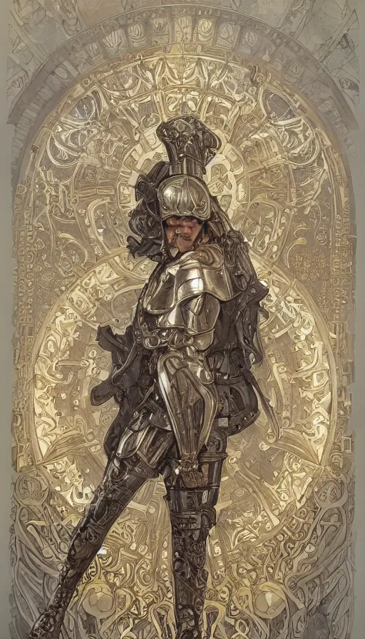 Image similar to soldiers in silver armor, highly detailed, very intricate, art nouveau, gold filigree, left right symmetry, tarot concept art watercolor illustration by mandy jurgens and alphonse mucha and alena aenami, featured on artstation