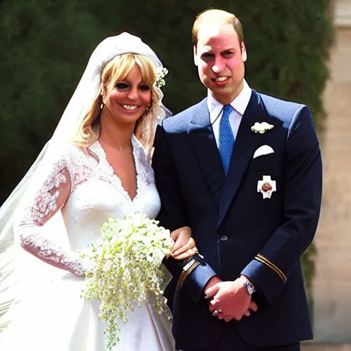 Prompt: detailed close up photos of prince william marrying britney spears, wedding photos on instagram, official photos, wedding photo, wedding portrait, wedding