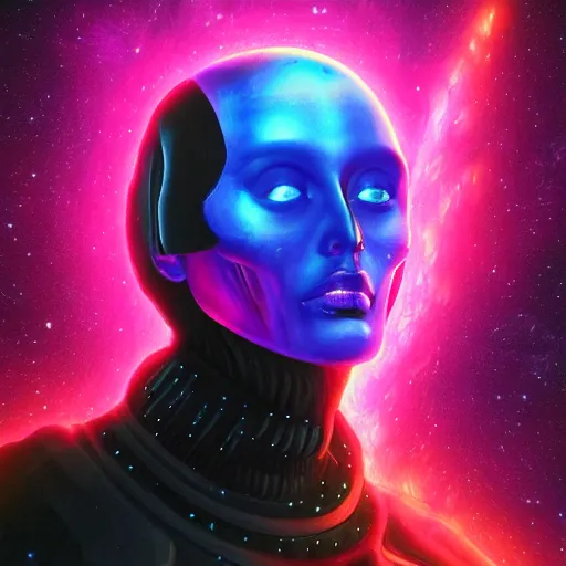 Prompt: portrait from a raven crow alien, synthwave, universe background, nebula, galaxy, artstation