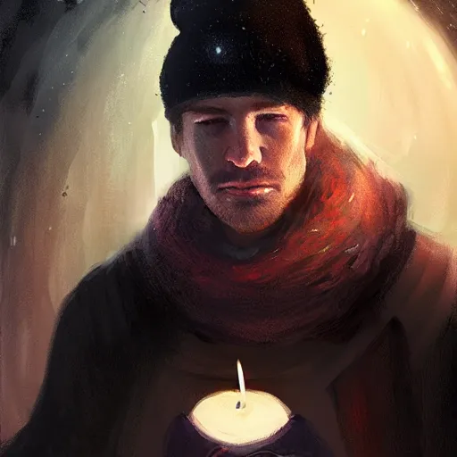 Image similar to a male adventurer wearing a black night cap with a pom pom at the end, holding a candle, portrait, d & d, science fiction, concept art, matte, sharp focus, illustration, concept art, jason chan, dan luvisi, karl thiart