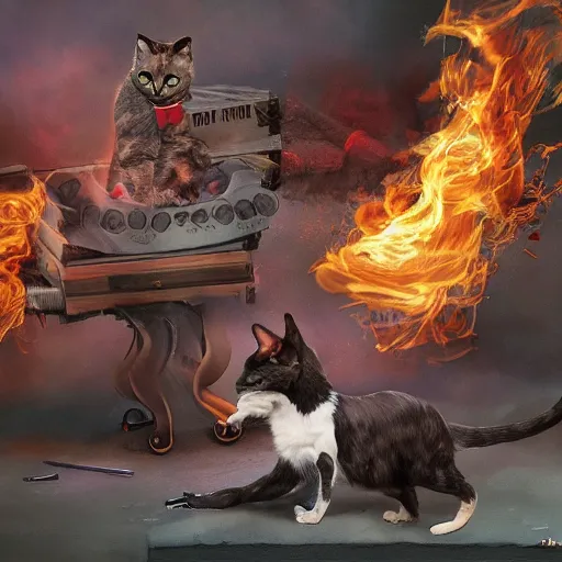 Image similar to war between cats and dogs, epic, digital, art, fire, smoke, suspense