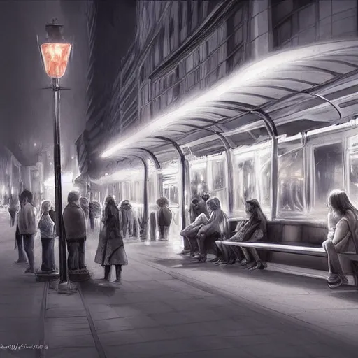 Image similar to a some people waiting in a lone bus stop in quiet dark city night, high quality, high resolution,detailed, by artgerm