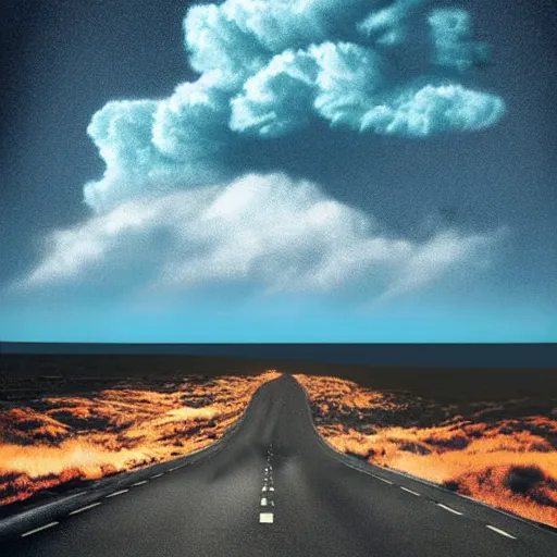 Image similar to land rover discovery driving down a windey road with noctoluminescent clouds in the sky, simplistic style, 1 9 8 0 s poster style