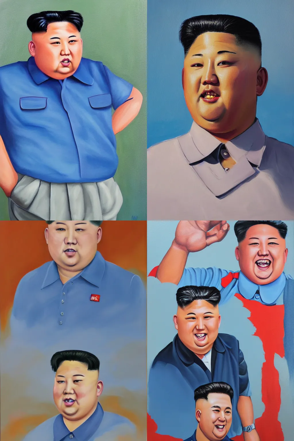 Prompt: painting of Kim Jong-Un with a mullet hairstyle and wearing a blue polo shirt, oil on canvas, award winning painting