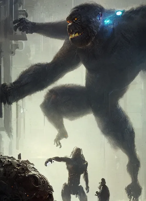 Image similar to cyborg!!!! king kong, greg rutkowski, 8 k, shallow depth of field, intricate detail, concept art,