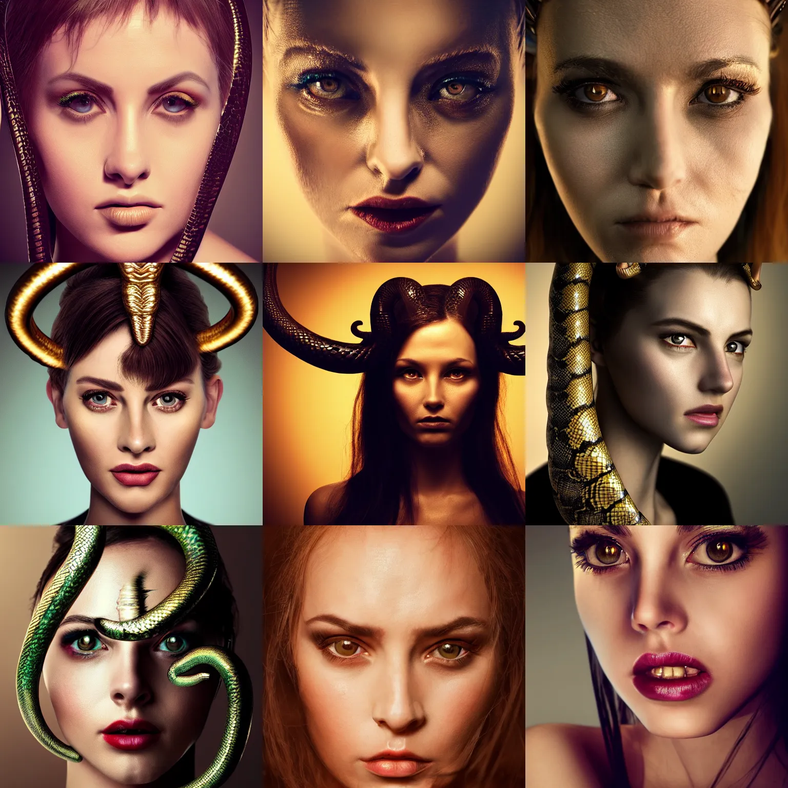 Prompt: portrait of a woman with intense eyes. the woman has horns and snakes come out of her head, closeup, studio lighting, backlit, golden hour, trending on artstation, spectacular photo, popular photo