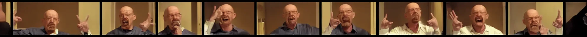 Image similar to 8 consistent frames from a video showing walter white talking and pointing at a baby