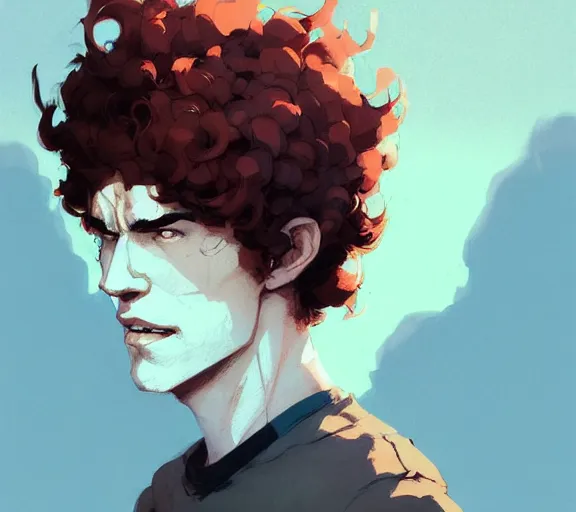 Image similar to portrait man with red curly hair and bright eyes, by atey ghailan, by greg rutkowski, by greg tocchini, by james gilleard, by joe fenton, by kaethe butcher, by ashley wood, dynamic lighting, gradient light blue, brown, blonde cream and white color scheme, grunge aesthetic