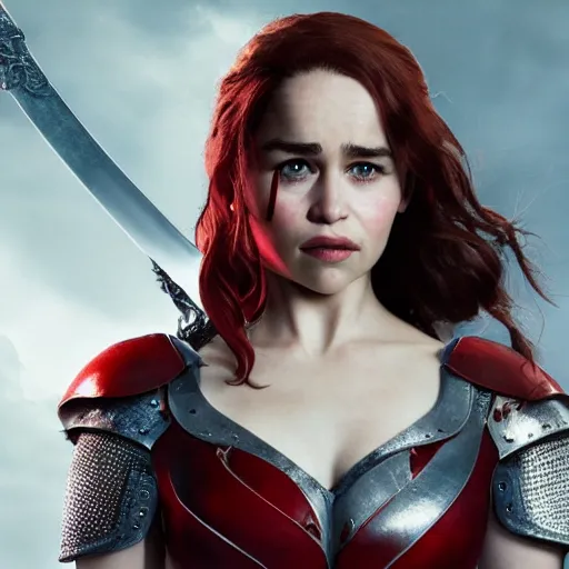 Image similar to emilia clarke, as a medieval fantasy character, with dark red hair, wearing light, silver armor and red clothing, olive complexion, holding a longsword, determined expression, noble, cinematic, dark, realistic, digital art, 8 k