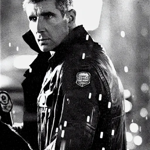 Prompt: film still blade runner Officer Deckard wearing Supreme Drip