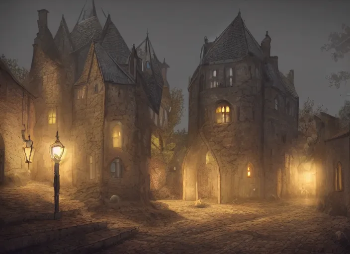 Image similar to medieval vampire village, moon light, gas lighting, stone roads, digital art, unreal engine