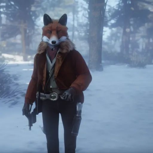 Image similar to Film still of anthropomorphic fox, from Red Dead Redemption 2 (2018 video game)