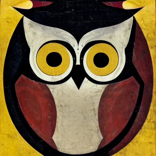 Prompt: symbol of an owl on a war banner, avant garde style, cubism, red eyes, circa 1 6 0 0 s, shallow focus, old, grain, scretch, photorealism, realistic photography, war photography, war, history, museum collection