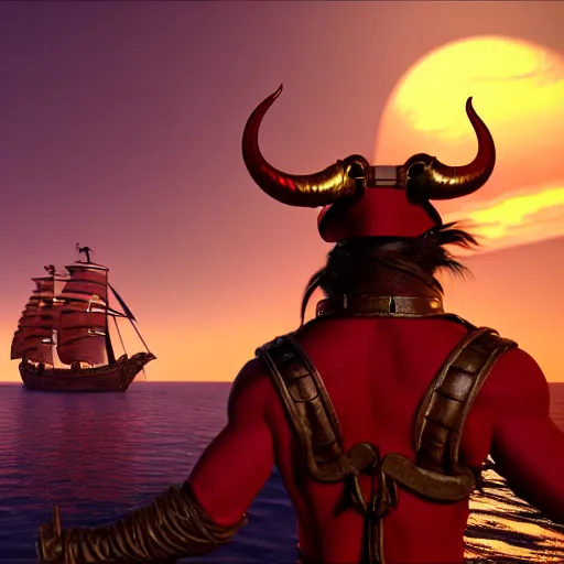 Prompt: a red skinned horned male tiefling, dungeons and dragons, chiseled features, wearing a pirate coat with shiny gold buckles and a rapier on his hip, standing at the prow of his ship looking out over the water, uhd, unreal engine, 8 k, high detail, sunset lighting