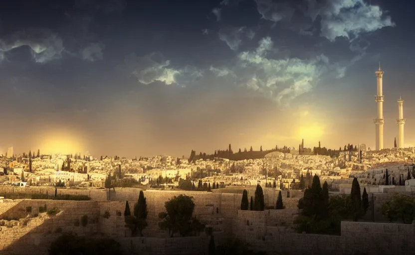 Image similar to a beautiful photo of jerusalem, hyper realistic, natural light, concept art, cozy atmospheric and cinematic lighting