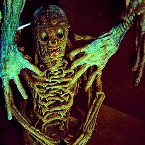 Image similar to “ugly grotesque gross insectoid mummy monster in a filthy dirty small room filled with garbage and networking cables. David Cronenberg. Body horror. Troma monster.”