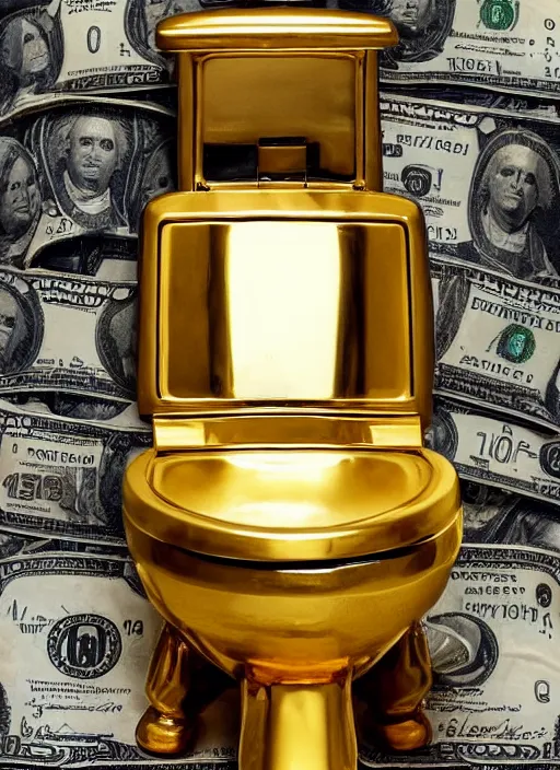 Image similar to photo of a golden toilet with dollars inside it, ultra detailed