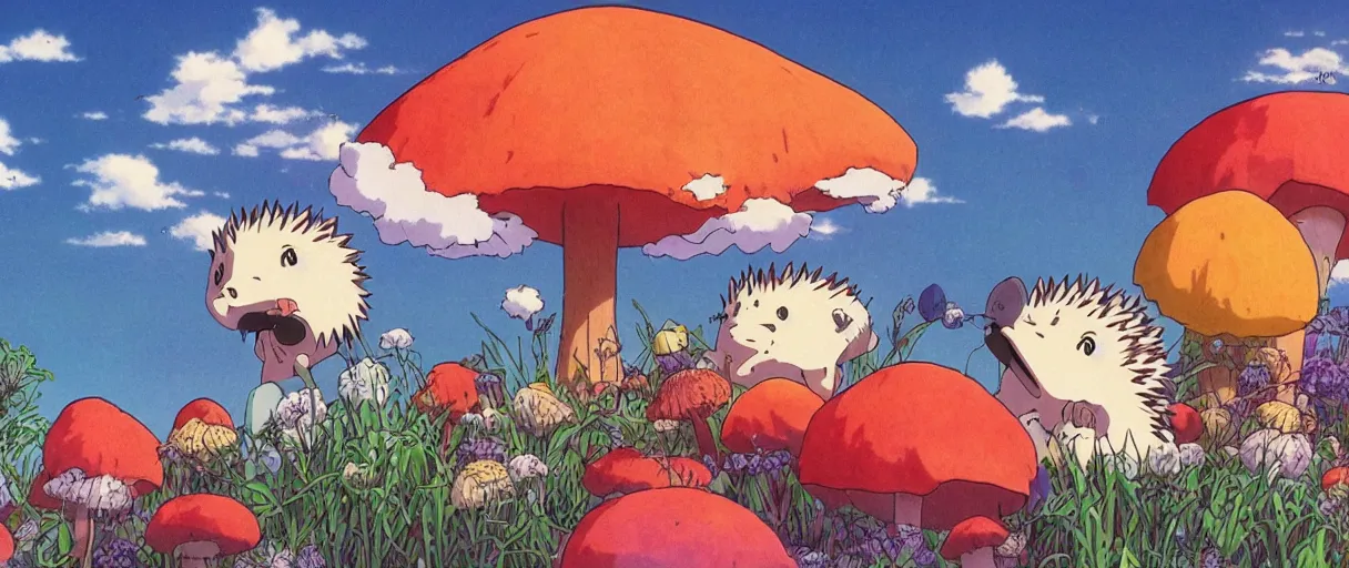 Image similar to anime by hayao miyazaki, hedgehog with purple needles hides under fly agaric from the rain
