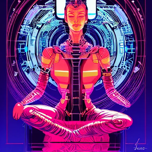 Image similar to a portrait of a beautiful cybernetic woman meditating in lotus pose, wires, cyberpunk concept art by josan gonzales and philippe druillet and dan mumford and enki bilal and jean claude meziere