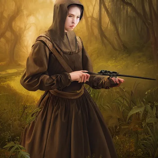 Image similar to A masterpiece portrait of a Incredibly beautiful queer maid barique renaissance swamp nun girl hunting on deer with russian greyhound medium shot, intricate, elegant, highly detailed. trending on artstation, digital art, by Stanley Artgerm Lau, WLOP, Rossdraws, James Jean, Andrei Riabovitchev, Marc Simonetti, Yoshitaka Amano. background by James Jean and Gustav Klimt, light by Julie Bell, 4k, porcelain skin. Studio Ghibli