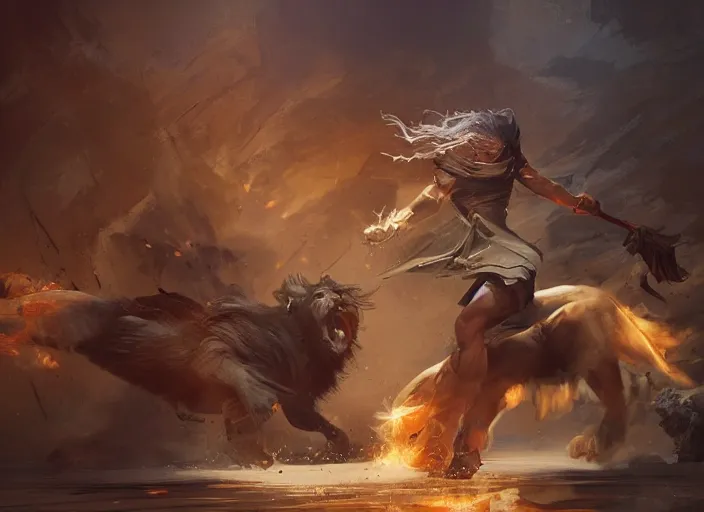 Image similar to a sorcerer shooting energy against a lion, elegant, digital painting, concept art, smooth, sharp focus, illustration, from d & d by ruan jia and mandy jurgens and artgerm and william - adolphe bouguerea