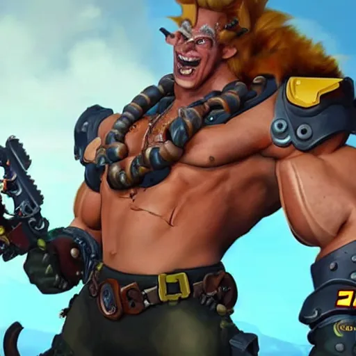 Prompt: a screenshot of junkrat arnold schwarzenegger as junkrat in overwatch